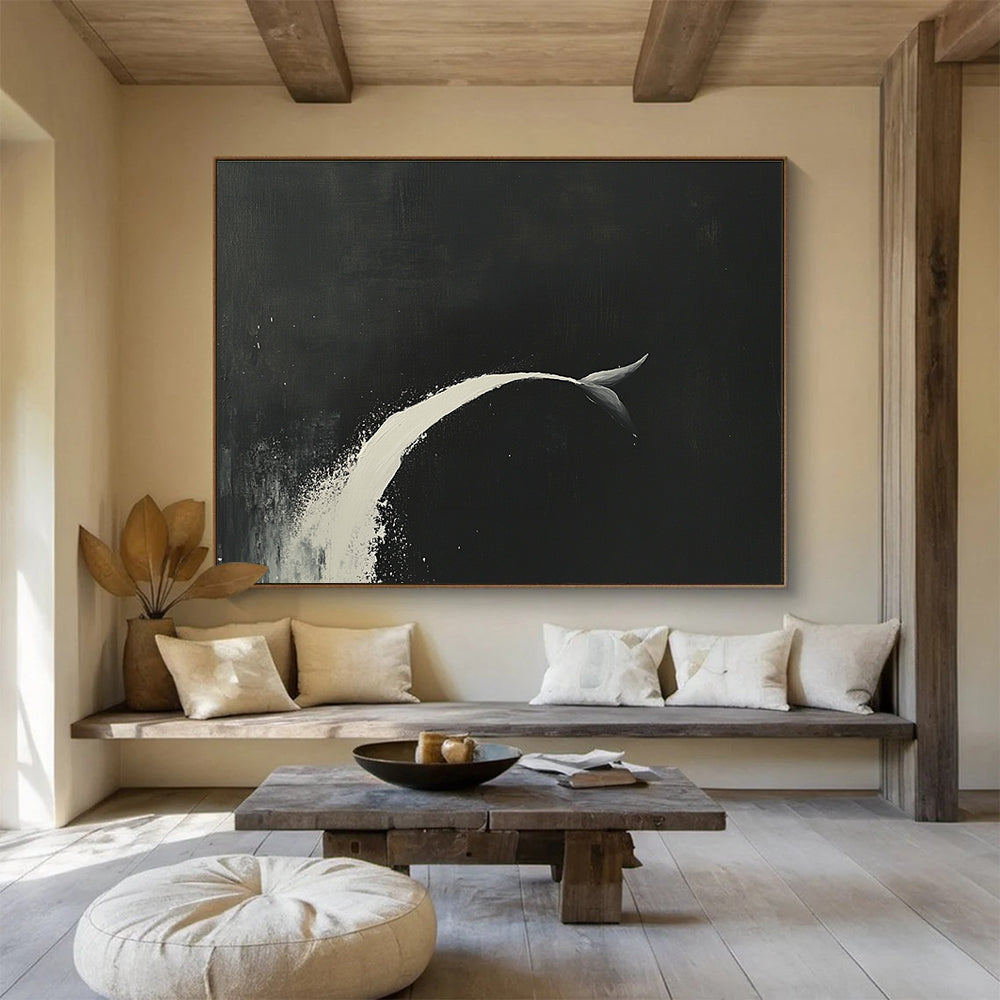 Minimalist Whale Tail Abstract Painting with Black and White Tones DYP345