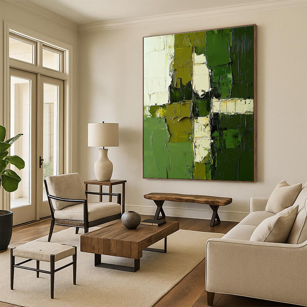 Green and White Abstract Painting with Patchwork Textures GER606