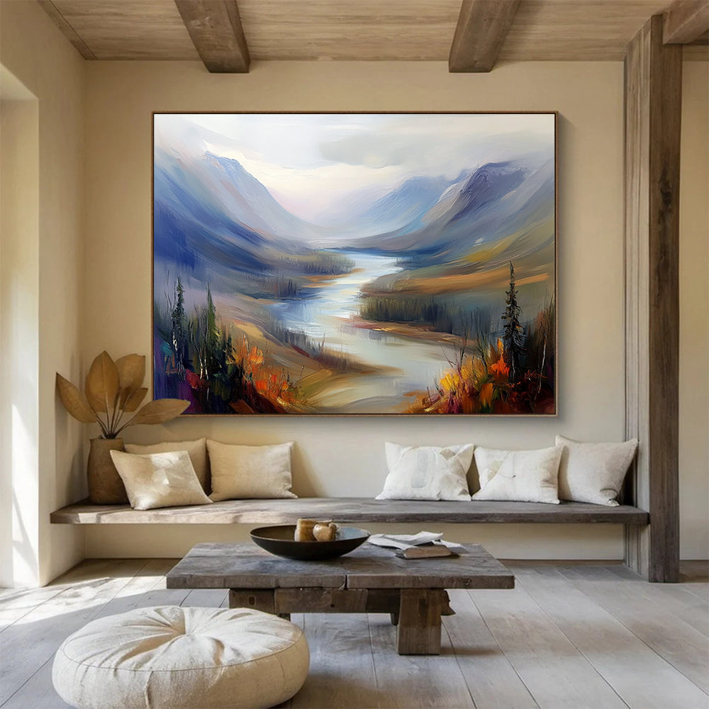 Large abstract painting of a misty Northern Canada river landscape featuring rolling hills and mountains in a warm color palette with soft brush strokes.SC405