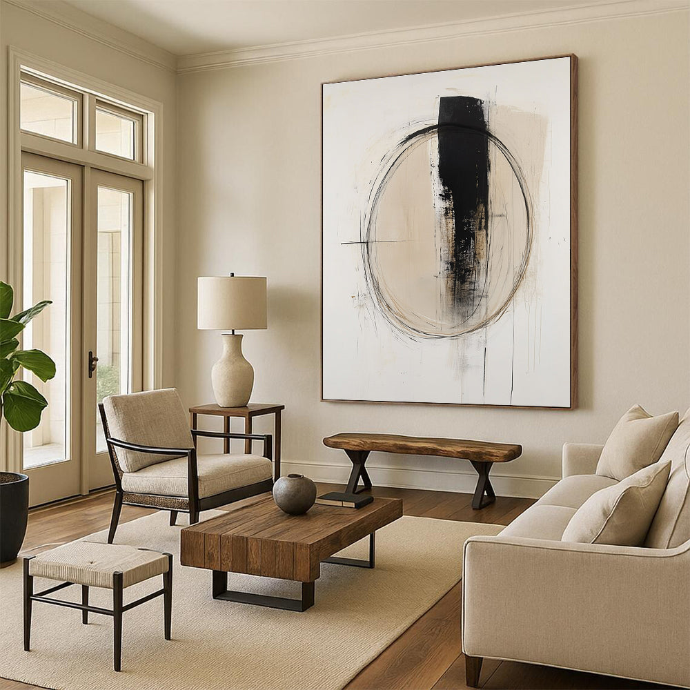 Beige Black Abstract Painting with Minimalist Circles GER784