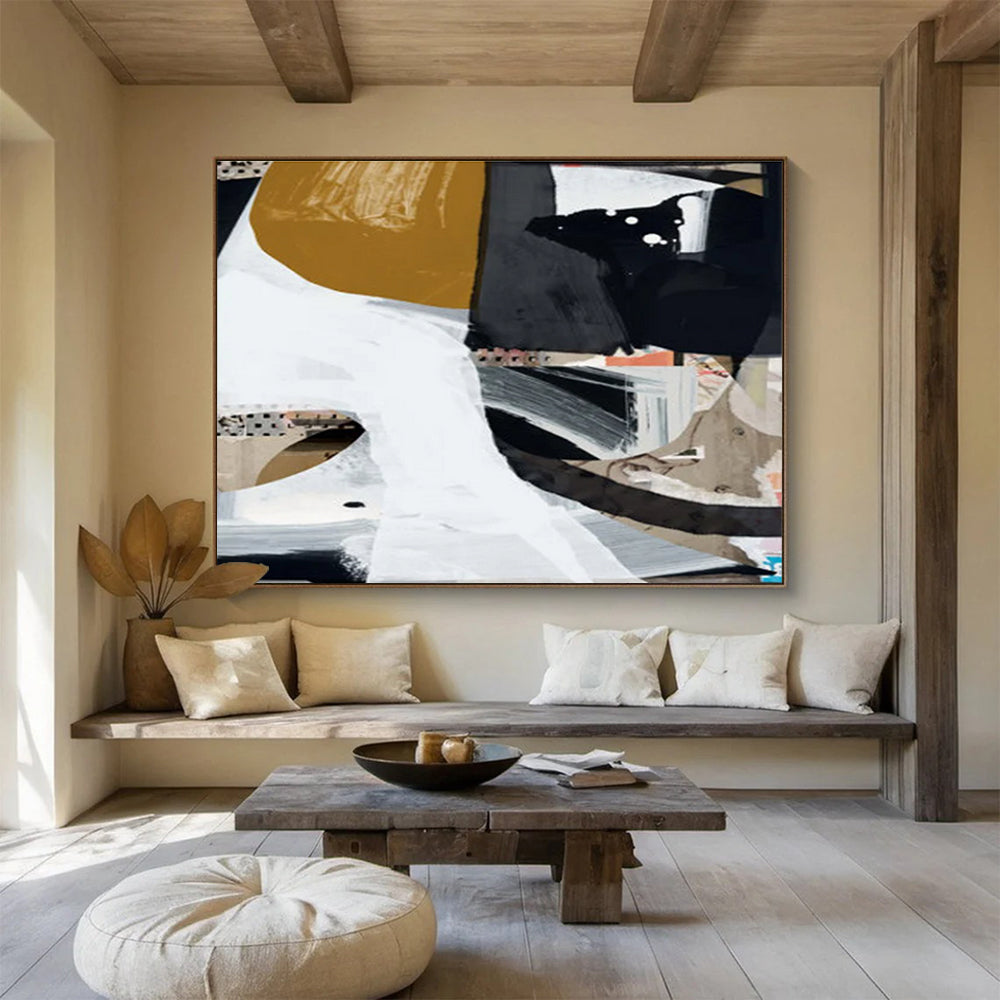 Collage - style Abstract Painting with Black White and Brown THY127