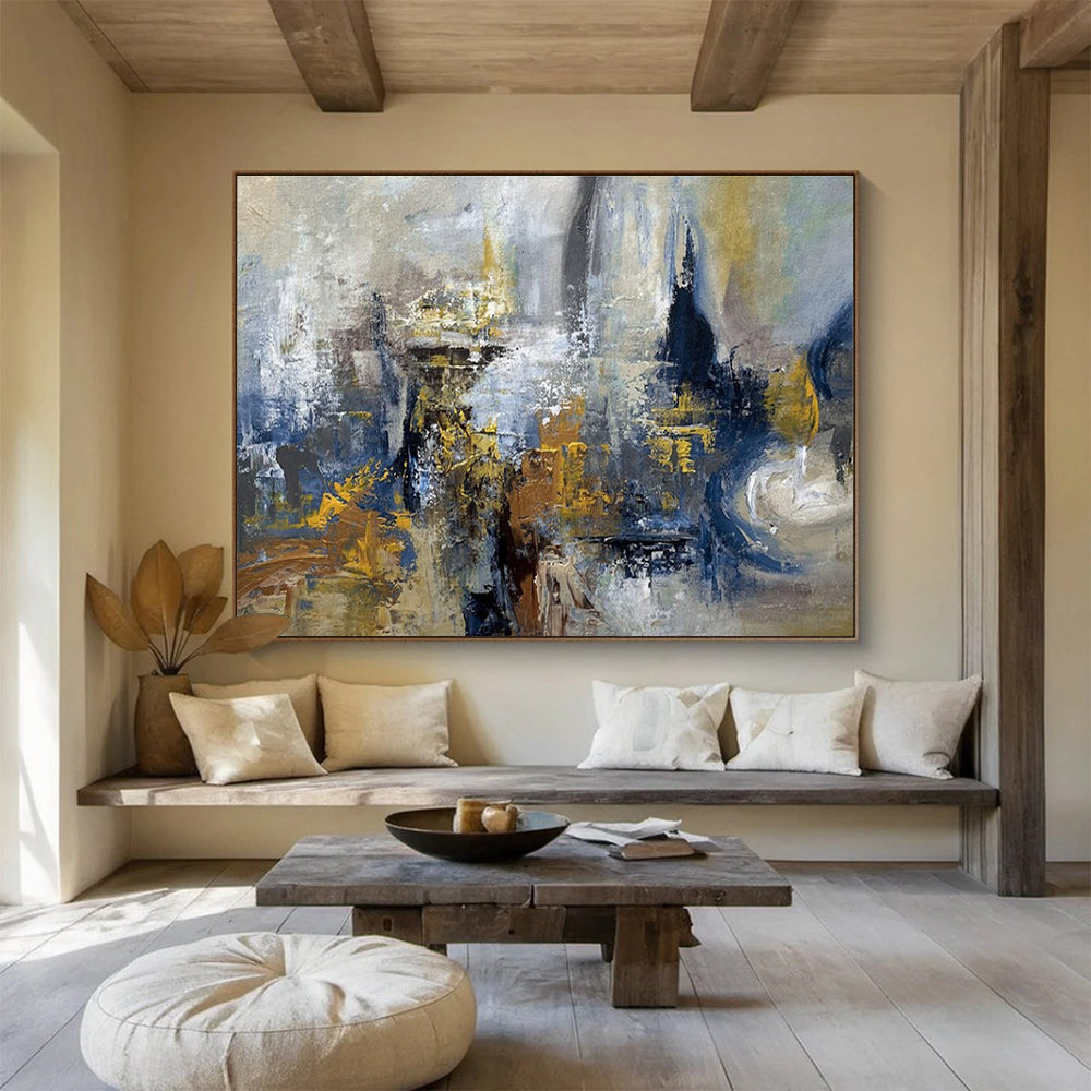 Blue Gray Gold Abstract Painting with Industrial Abstraction THY339