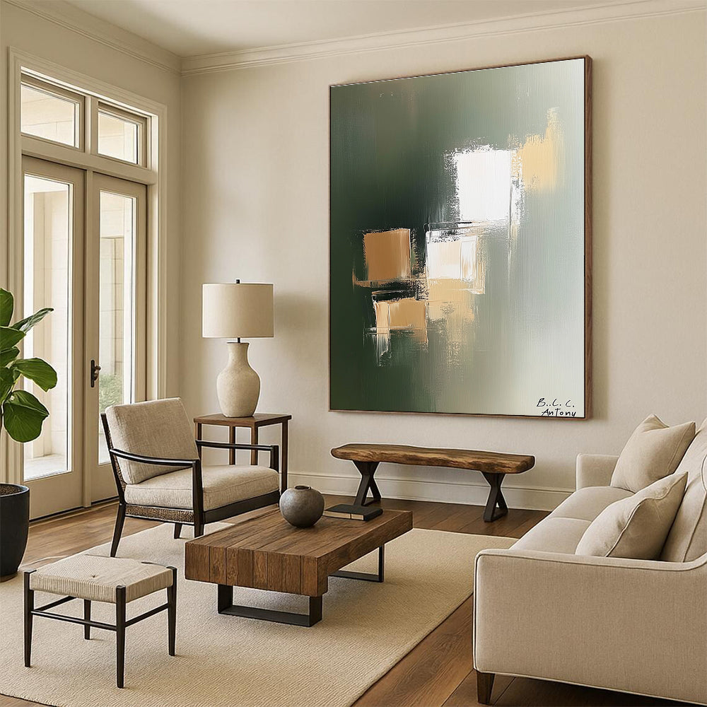 Large abstract painting featuring beige and white blocks on a soft green background with minimalist style by B.C. Antony.STSC212