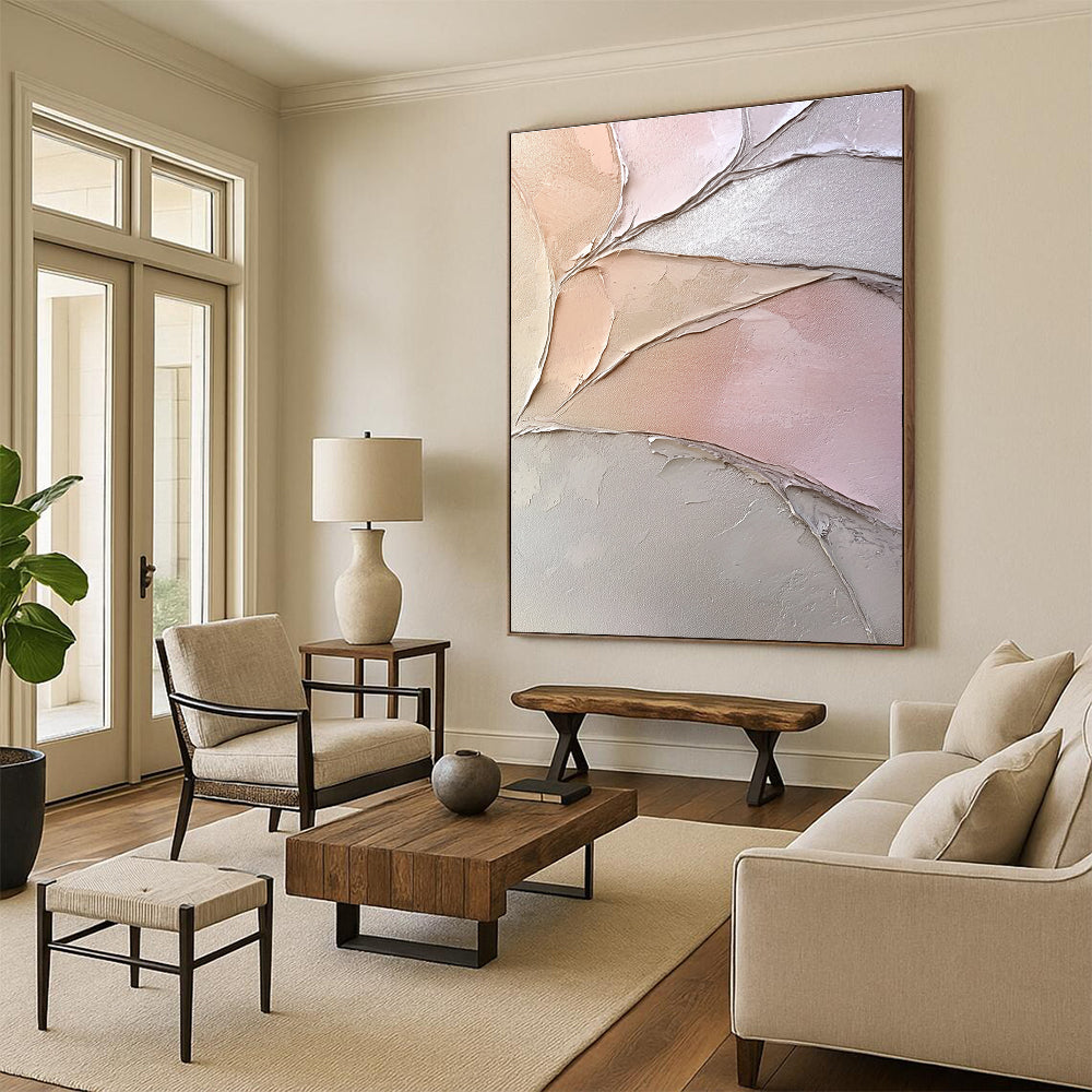 Pink and Beige Textured Abstract Painting with Leaf - like Forms GER053