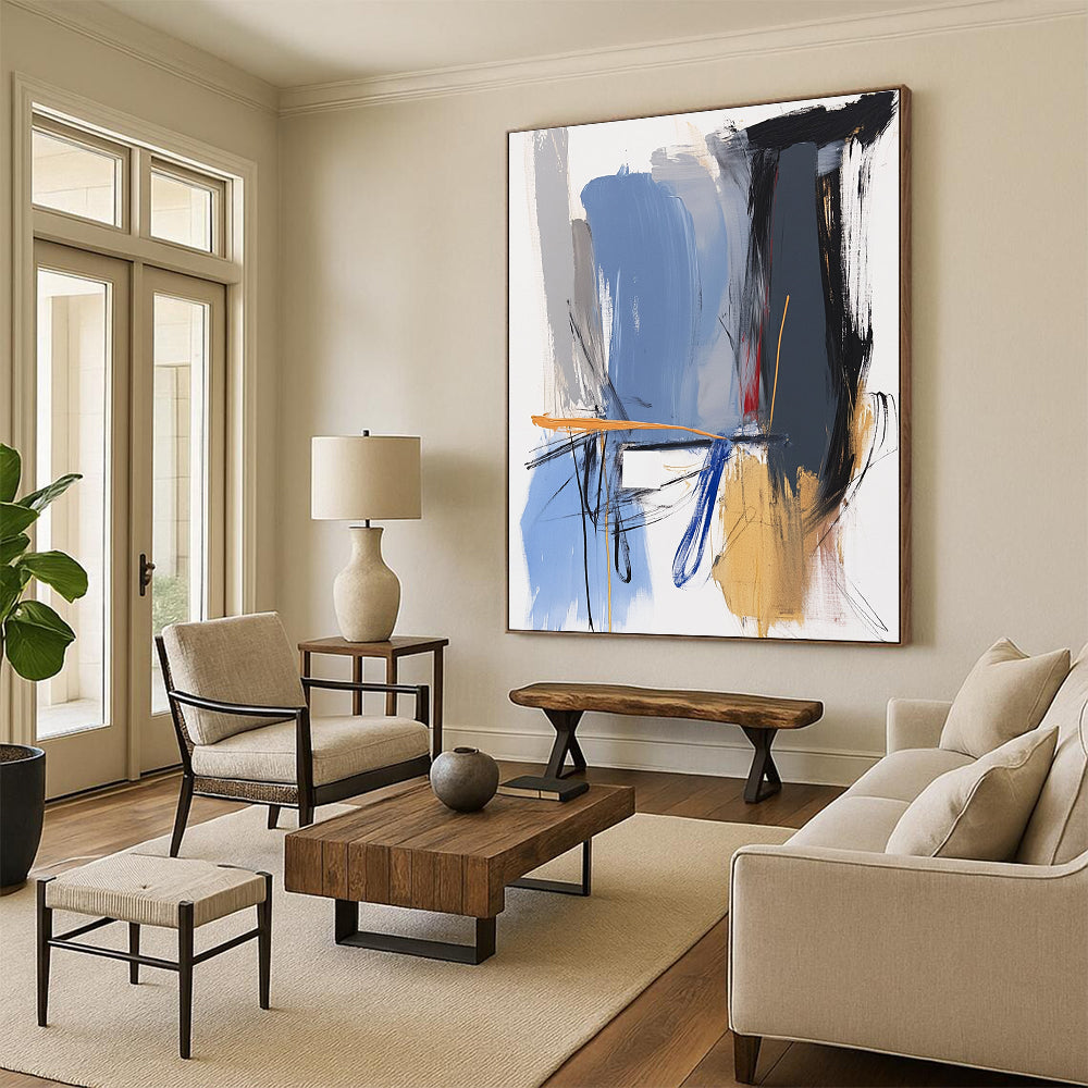 Abstract painting featuring blue grey and gold hues with a white square and expressive forms in impasto style.STSC743