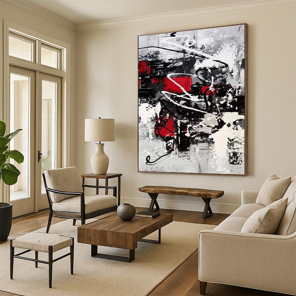 Red - Accented Black and White Dynamic Abstract Painting ADGE383
