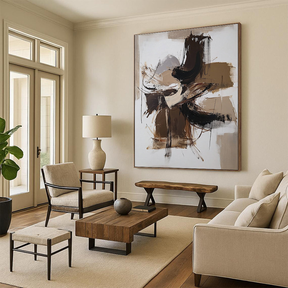 Beige Brown and White Abstract Painting with Energetic Strokes GER639