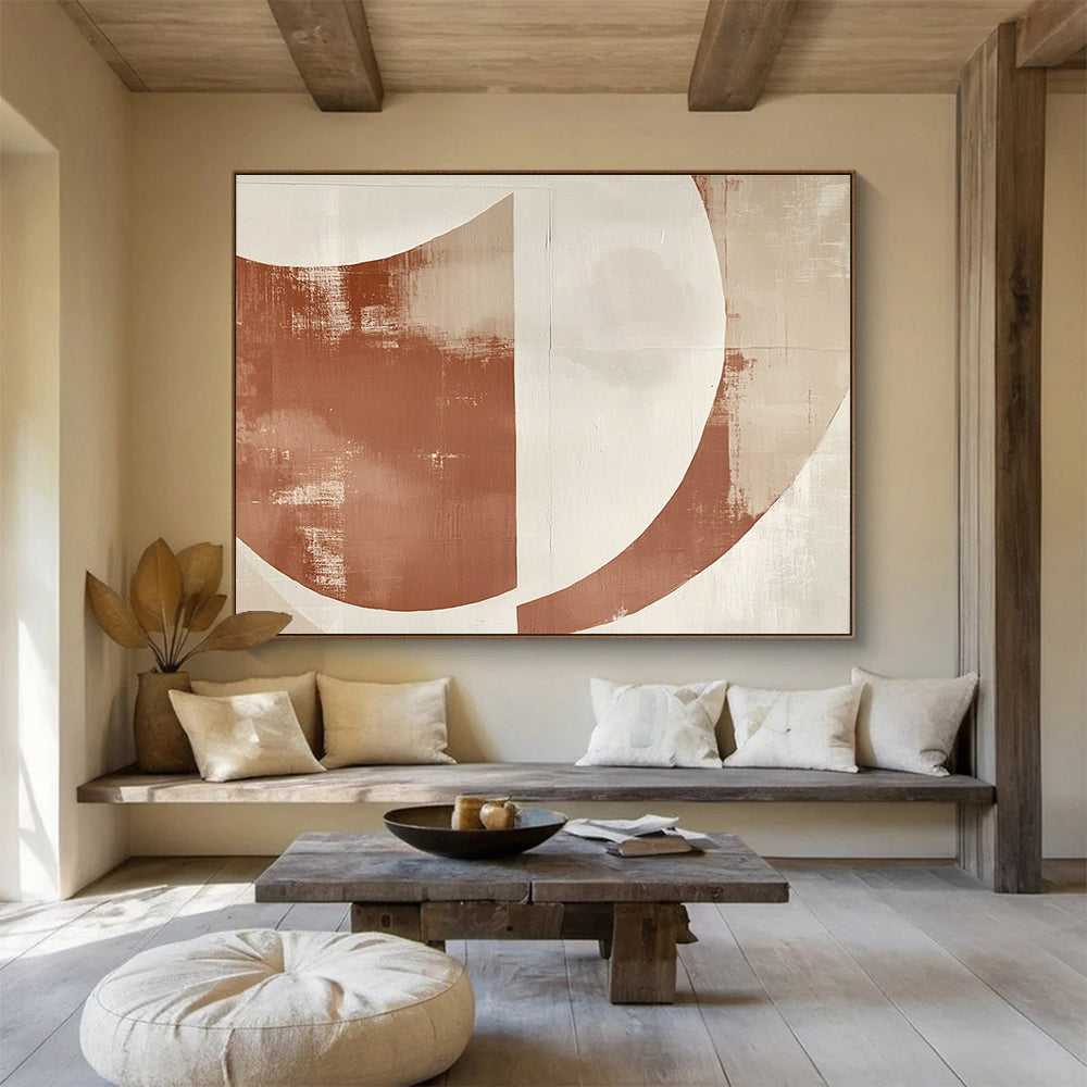 Large abstract painting with overlapping terracotta and cream half-circles on textured paper, modern simplicity with space for text.SC441