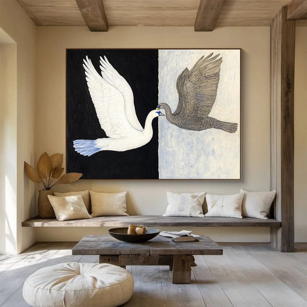 Black and White Abstract Painting of Two Birds in Flight DYP149