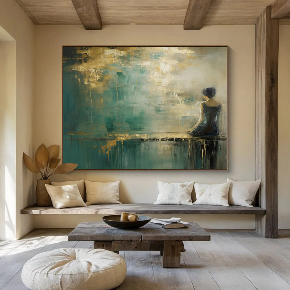 Teal and Gold Tones Figure - in - Landscape Abstract Painting THY086
