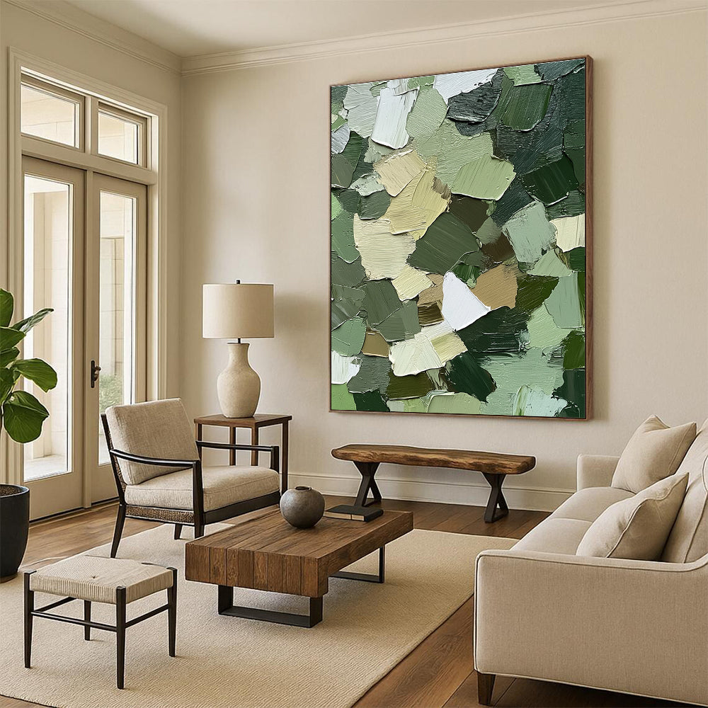 Large abstract painting showcasing intricate urban camouflage patterns in greens browns and whites with textured impasto brush strokes for depth and realism.STSC831