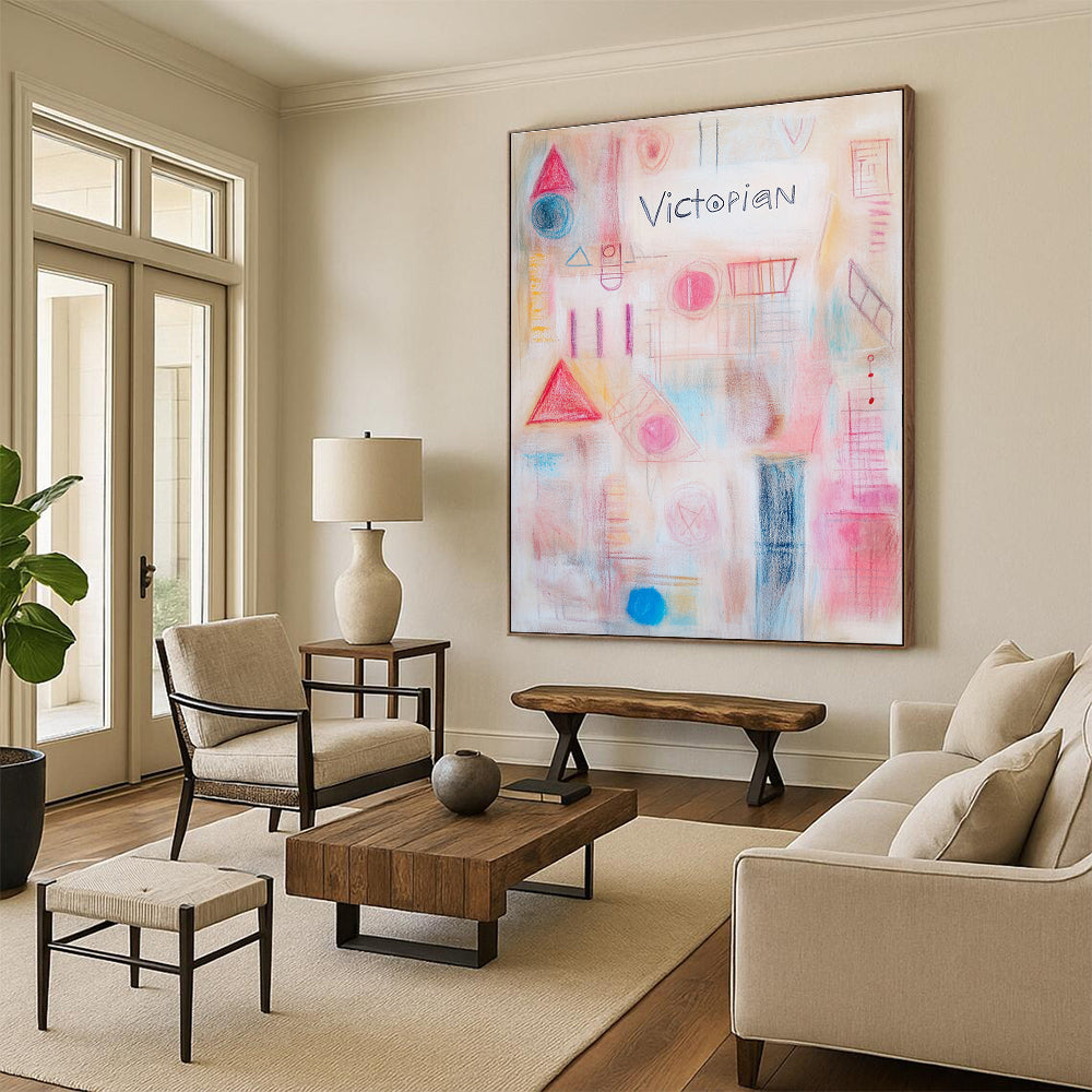 Large abstract artwork featuring soft pastel colors geometric shapes and delicate white text reading Victorian in a harmonious collage.STSC1204