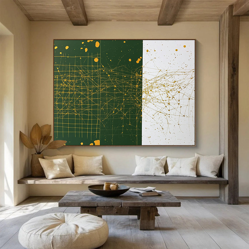 An abstract painting featuring a grid pattern in white and green with yellow splashes gold ink and dark green designs with brown dots.SC471