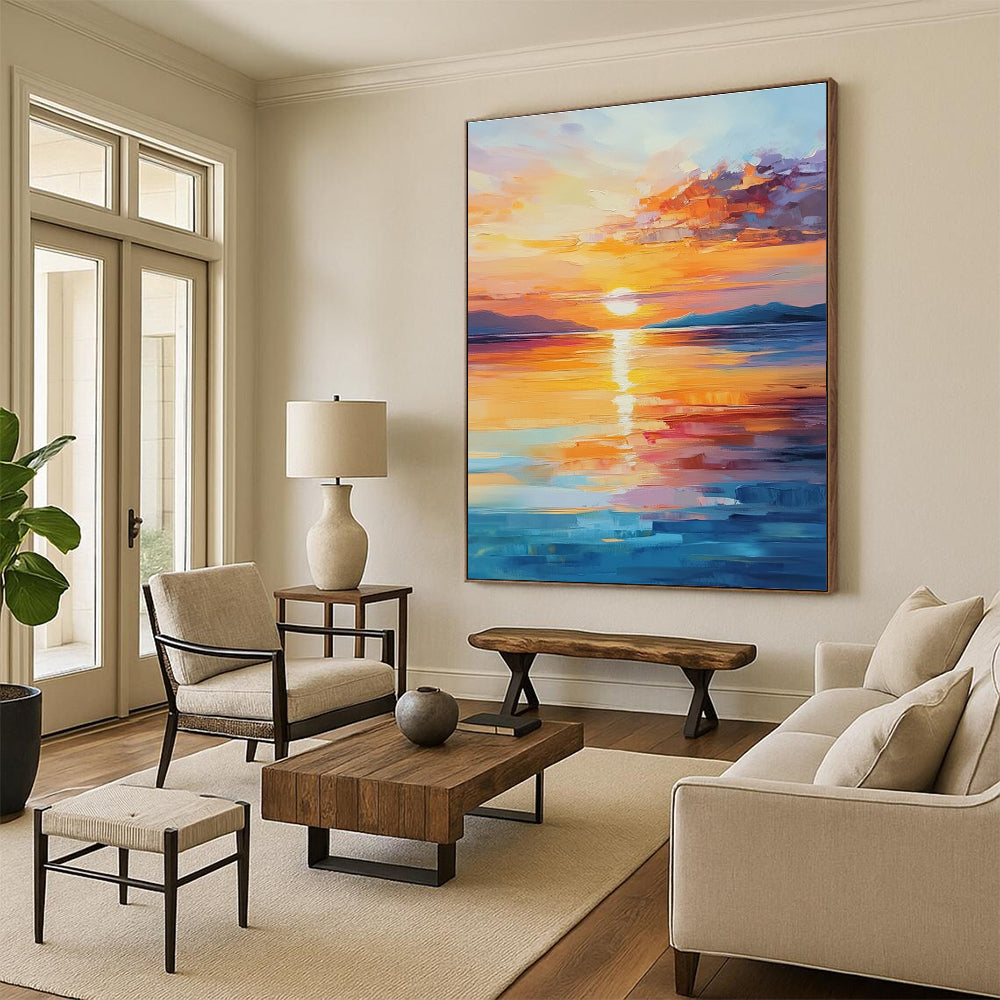 A large abstract painting of a beautiful sunrise over the sea with warm colors and calming reflections, capturing tranquility and hope.STSC900