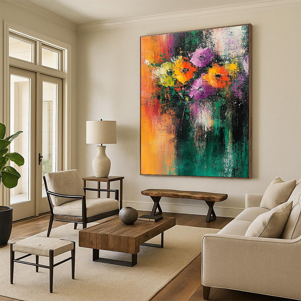 Large abstract painting featuring flowers with vibrant orange green yellow purple and teal colors textured background and emotional brush strokes.STSC307