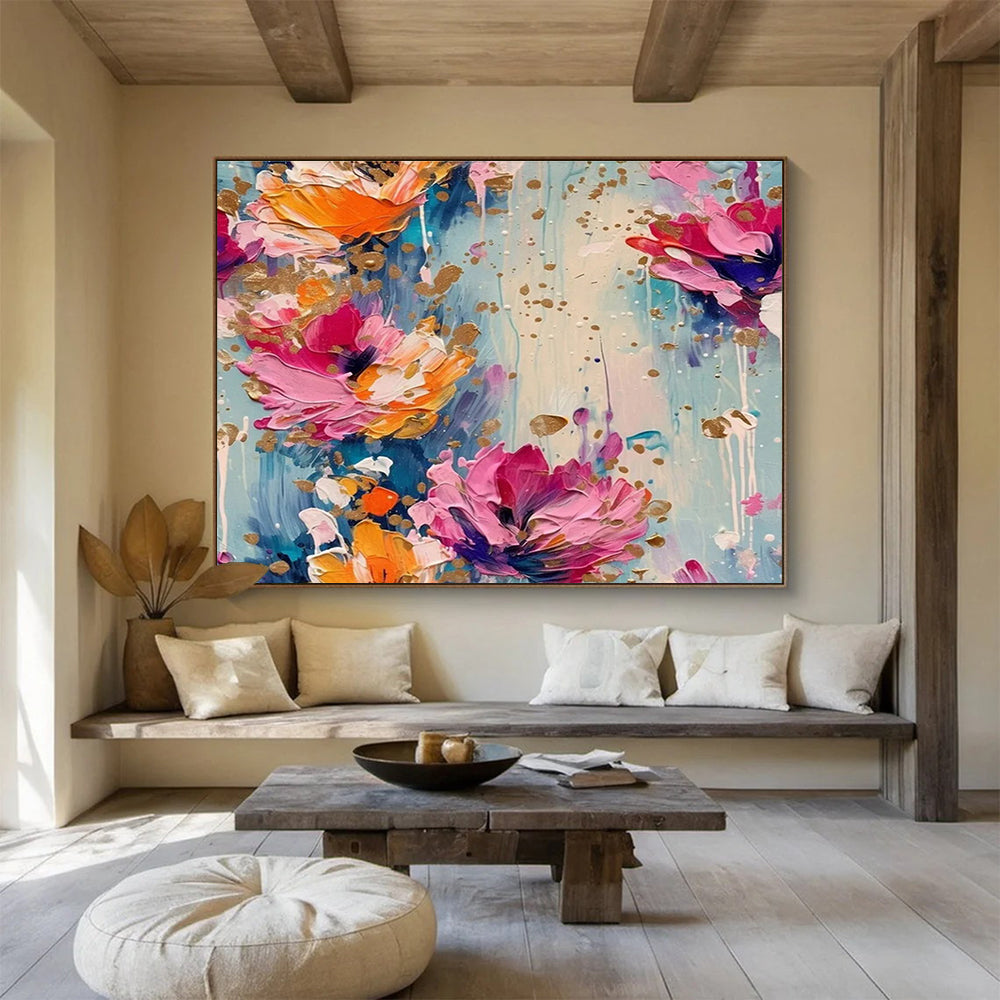 Gold - Accented Floral Abstract Painting with Pink, Orange, and Blue Hues THY305
