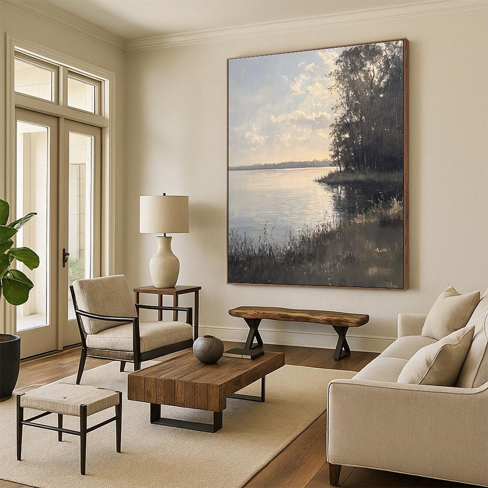 Large abstract painting depicting serene Chautauqua Lake with muted colors soft sunlight and detailed brushstrokes creating a tranquil atmosphere.STSC1173