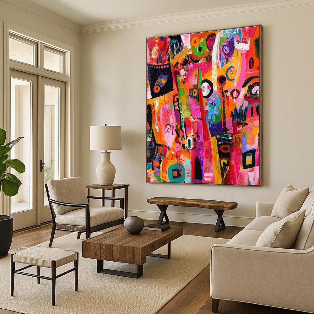 A vibrant abstract painting showcasing urban chaos with lively characters and dynamic patterns in bright colors highlighting intricate details and expressive faces.STSC1218