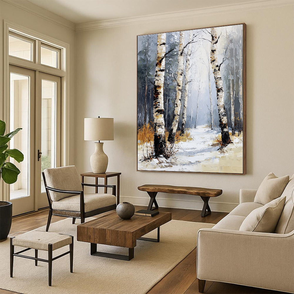 Abstract painting featuring a winter birch forest with soft tones light colors and warm sunshine illuminating the scene among the snowflakes and distant pines.STSC1271