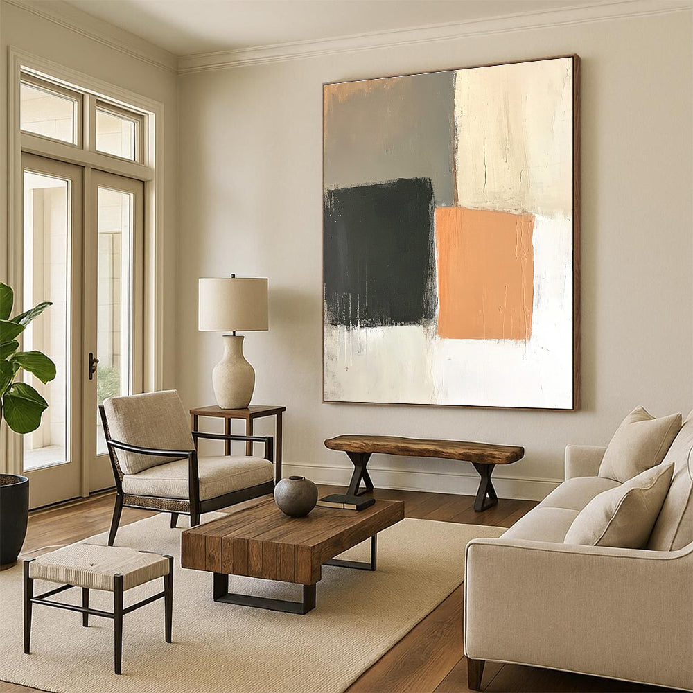 Abstract painting featuring an off-white wall with light orange and dark gray squares in a muted color palette and loose brushstrokes.STSC654