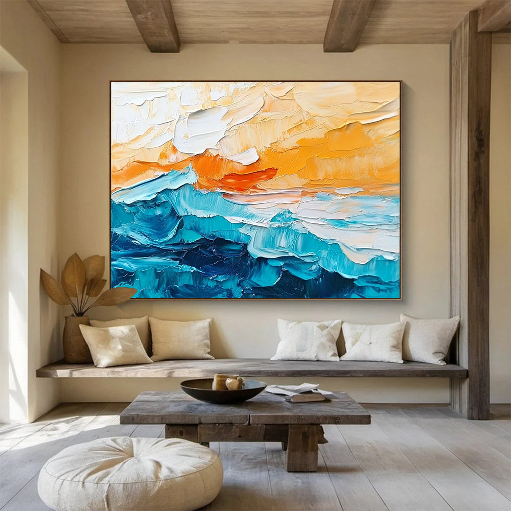 Textured Orange and Blue Waves Abstract Seascape Painting DYP291