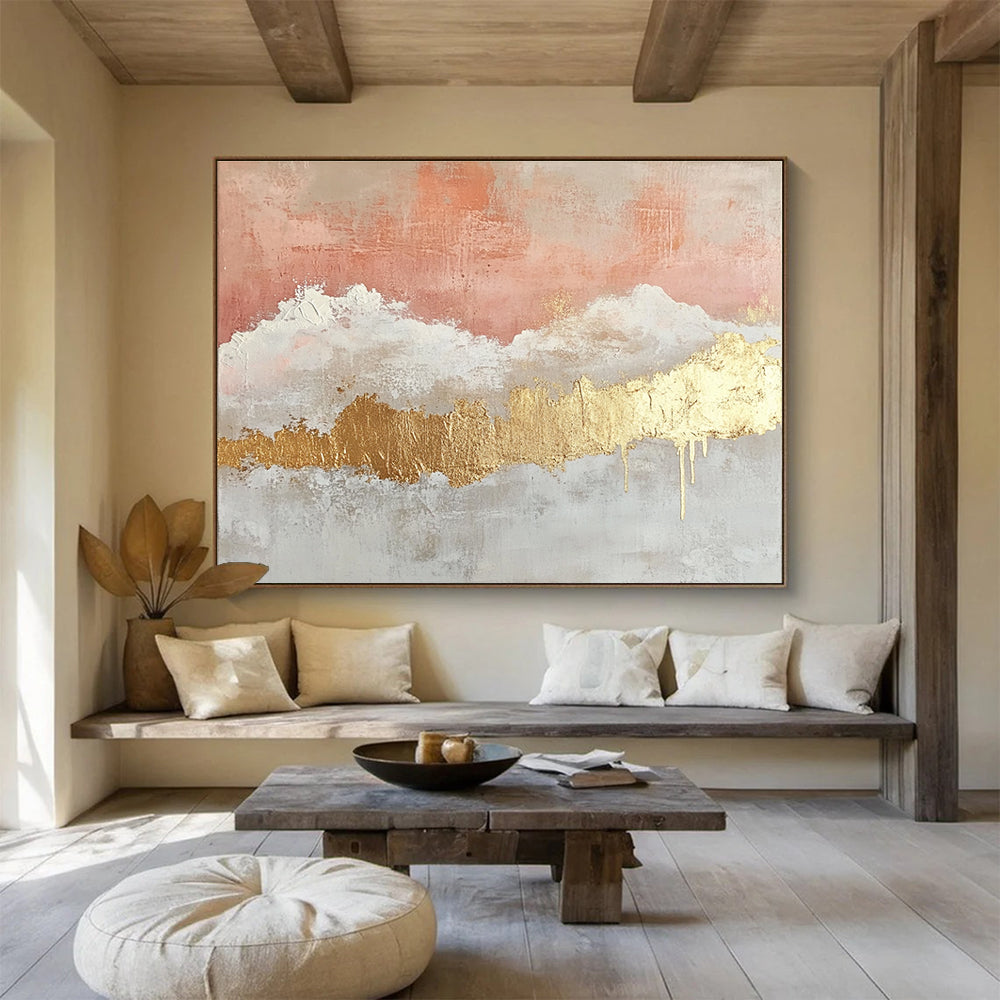 Large abstract painting featuring gold foil light pink and white clouds beige watercolor thin lines and gold leafing on canvas.SC236