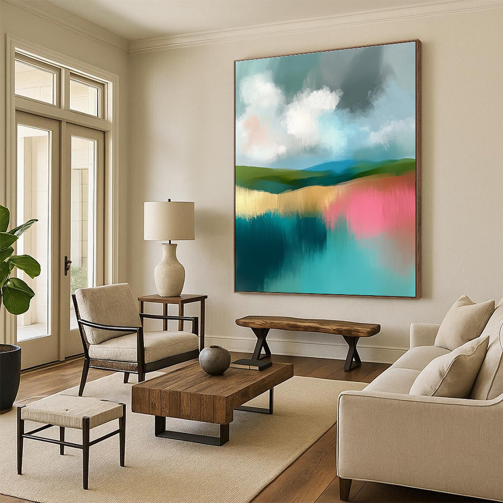 Large abstract painting featuring soft teal and pink hues with gentle clouds and muted greens in a serene landscape.STSC107