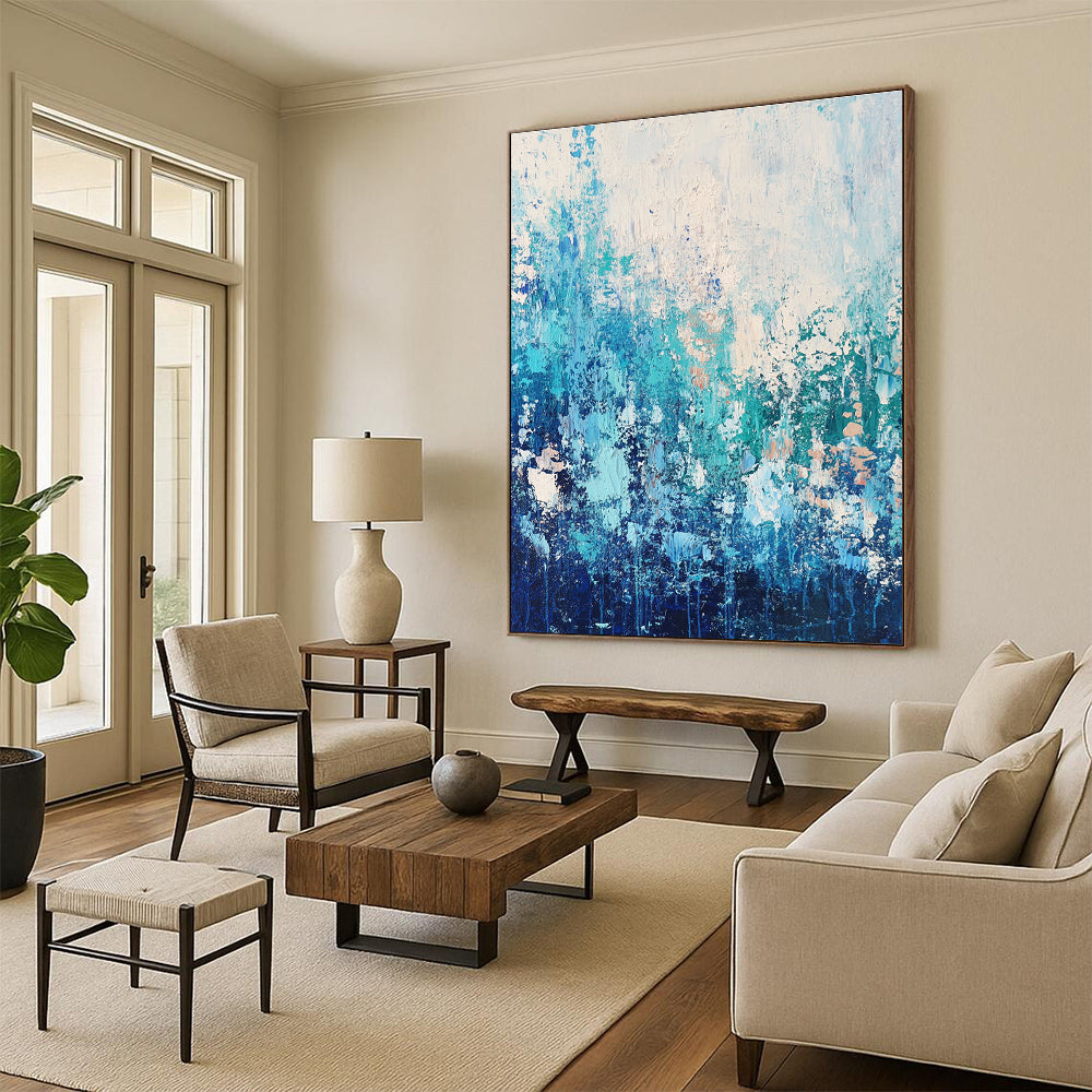 Large abstract painting featuring water and sky-inspired colors with a paint-dripping technique that evokes movement and depth.STSC452