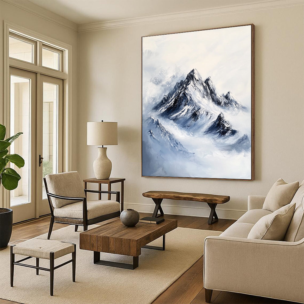 A large abstract painting featuring a rugged mountain peak with intricate rocky textures and deep blue snow-covered peaks against a white background.STSC1168