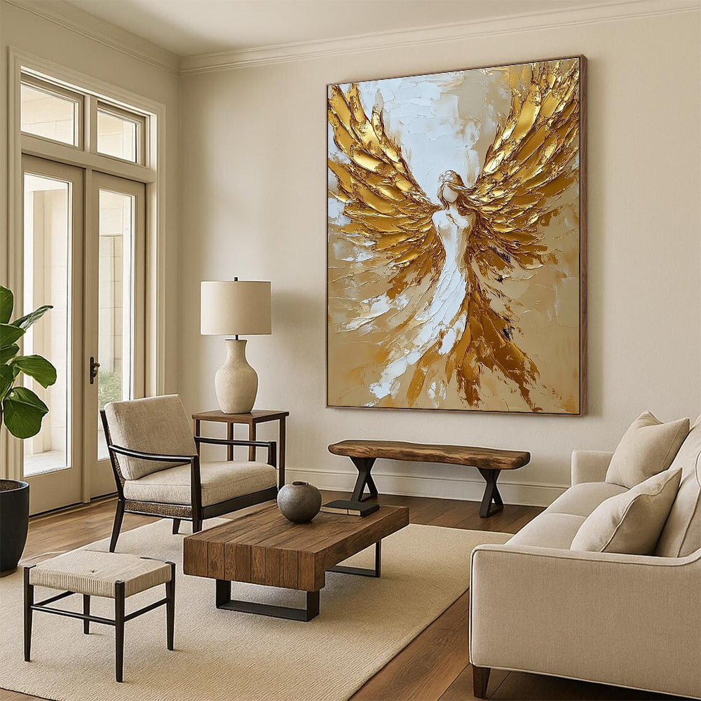 Abstract painting featuring a celestial angel with golden wings in a stunning gold and white palette knife technique.STSC008