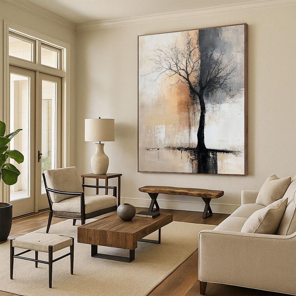 Large abstract painting featuring neutral colors in muted gray and beige tones, perfect for elevating any modern space.STSC492