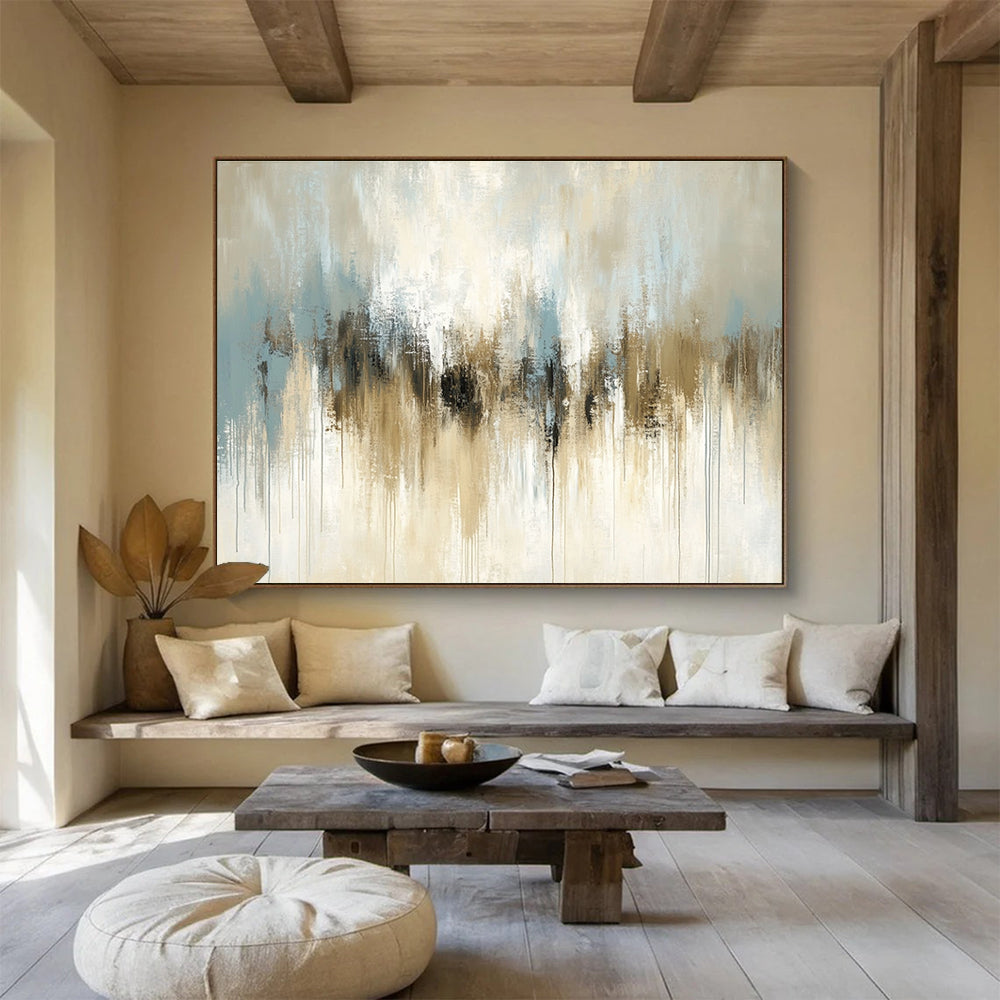Beige and Blue Abstract Painting with Dripping Effects DYP171