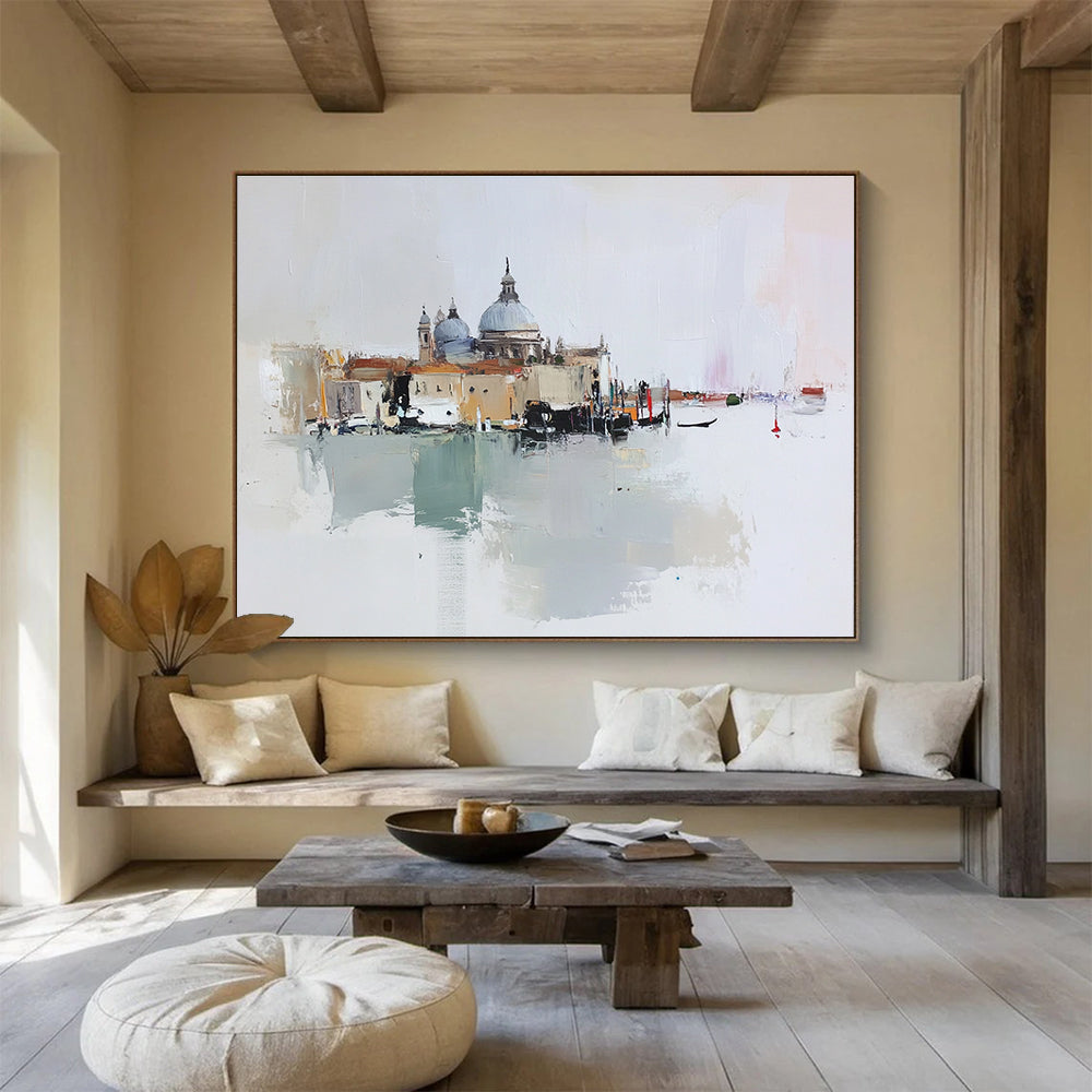Large abstract oil painting of Venice featuring beige buildings and a small red dome against a light gray and pale pink background.SC126