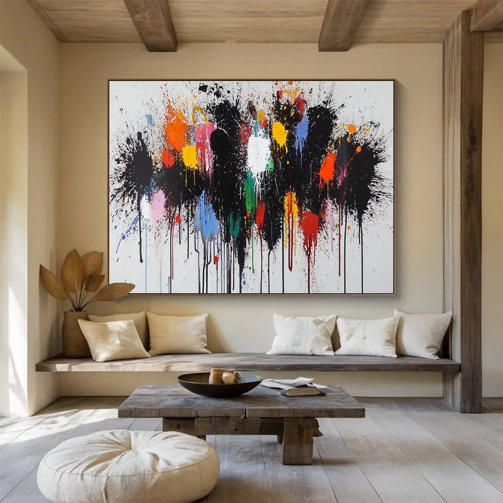 Color Splash Abstract Painting with Black, Colorful Drips THY193