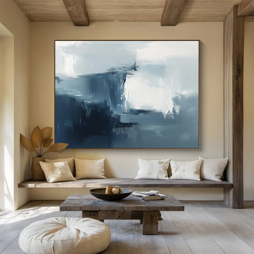 Large abstract painting with soft brushstrokes and a dreamy atmosphere featuring cool tones and minimalistic design elements to create a sense of mystery.SC232