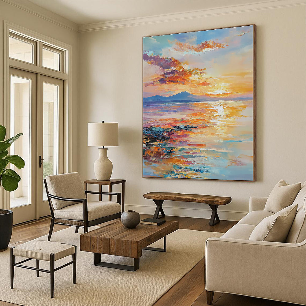 Large abstract painting of an ocean sunset with warm hues reflecting on water showcasing tranquility and nature's beauty in a dreamy atmosphere.STSC865