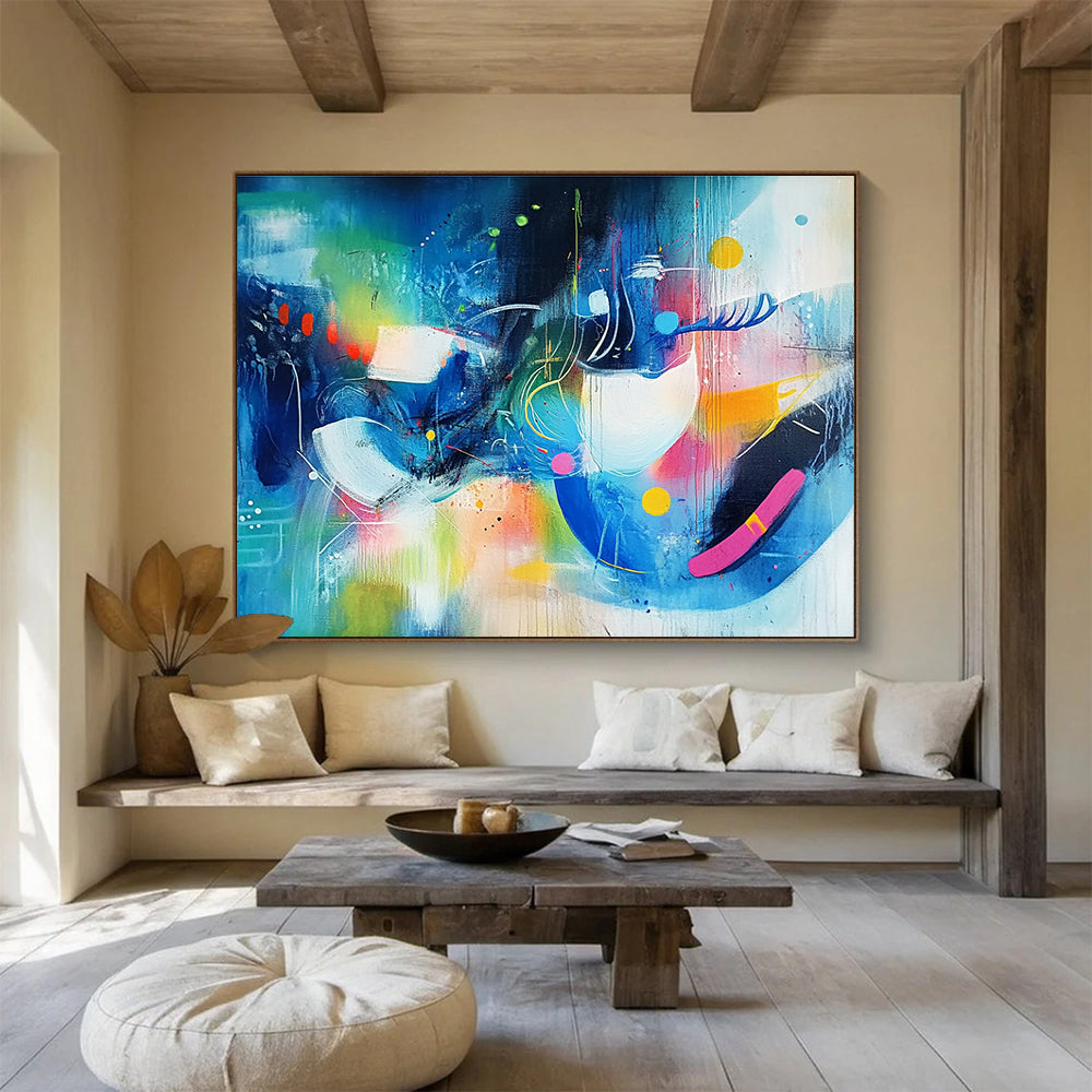 Vibrant abstract painting featuring colorful shapes and lines in shades of blue and green with bright accents, embodying a sense of dynamic movement.SC216