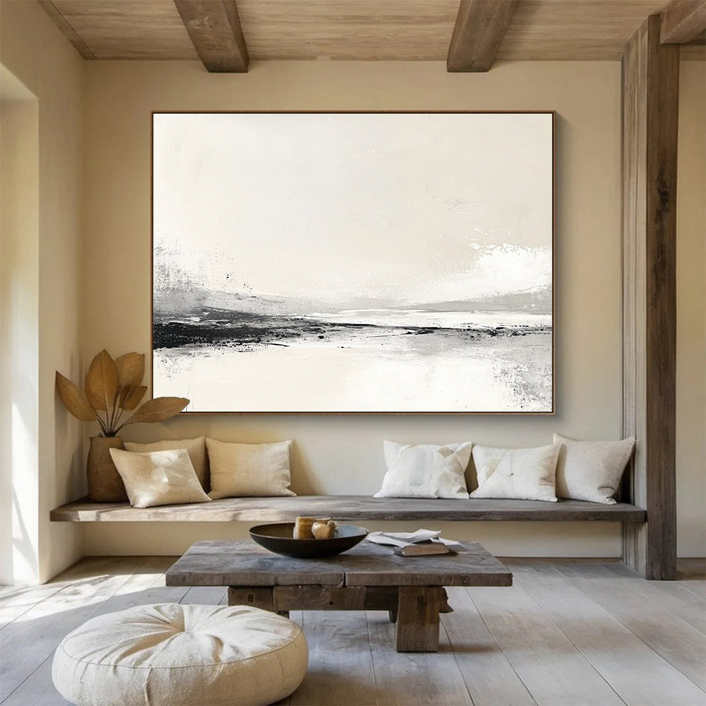 Large abstract painting inspired by the Arctic with neutral beige and grey tones creating a serene minimalist atmosphere.SC095
