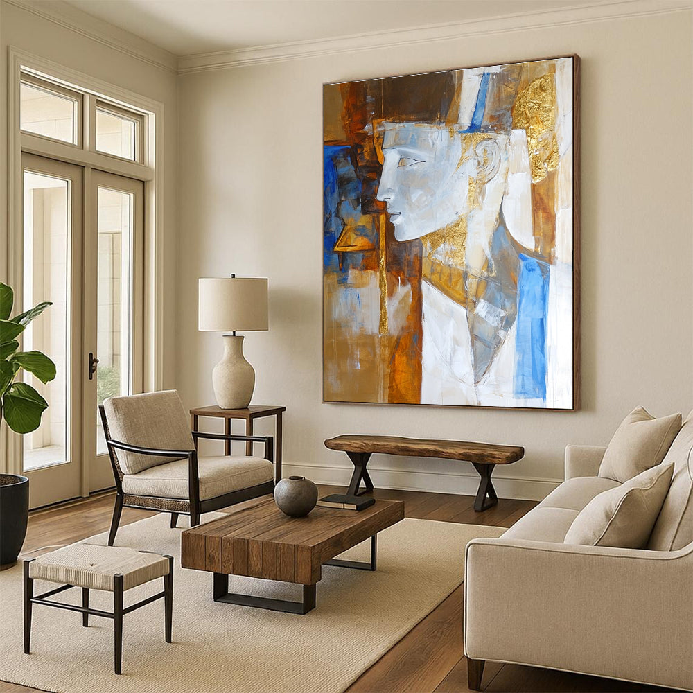 Large abstract painting featuring an ancient Greek sculpture in white brown and blue with elegant golden details.STSC633
