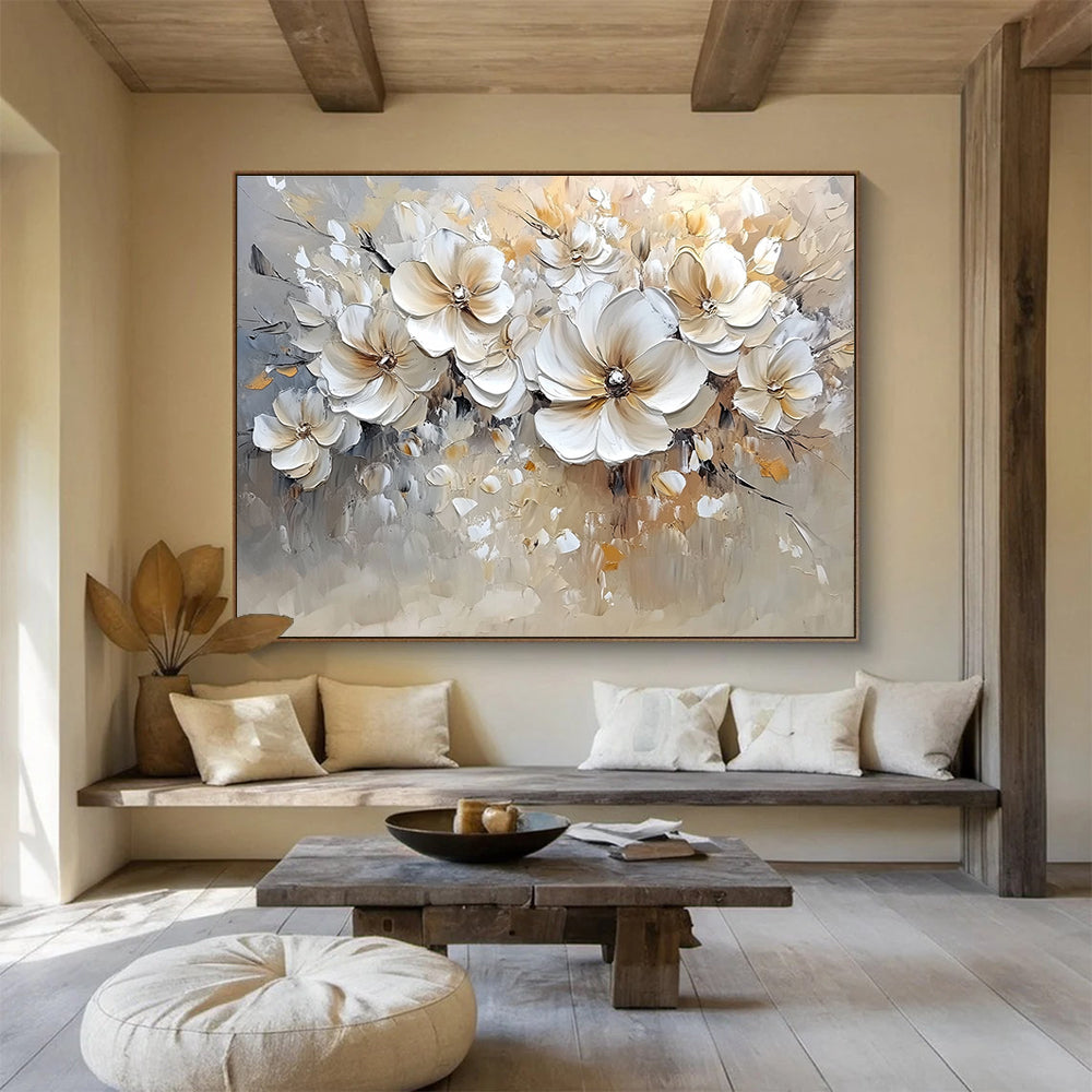 Large abstract painting featuring soft colors in white and beige with bold brush strokes and low detail of flowers.SC001
