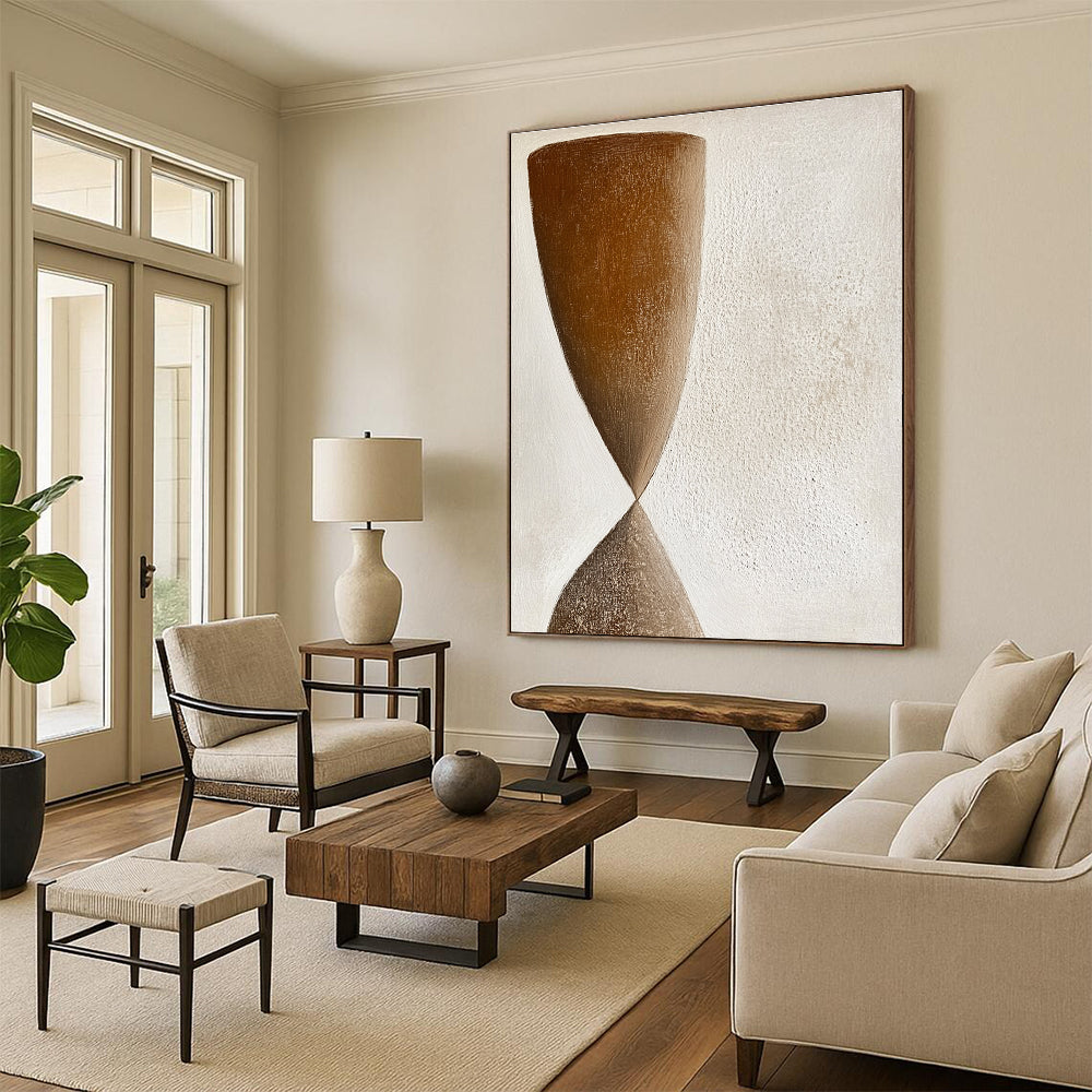 Large abstract painting featuring muted earthy tones and simple hourglass shapes in a minimalist style with soft textured brushstrokes.STSC1239