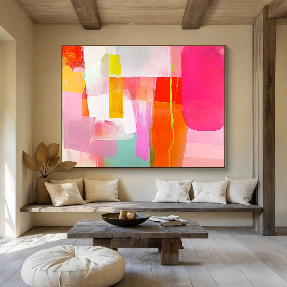 Colorful Geometric Abstract Painting with Pink Yellow and Green DYP415