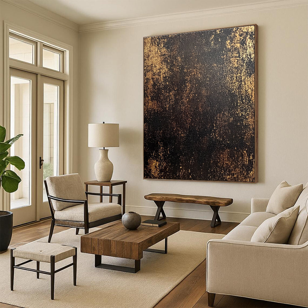 Black and Gold Abstract Painting with Vintage Patina GER102