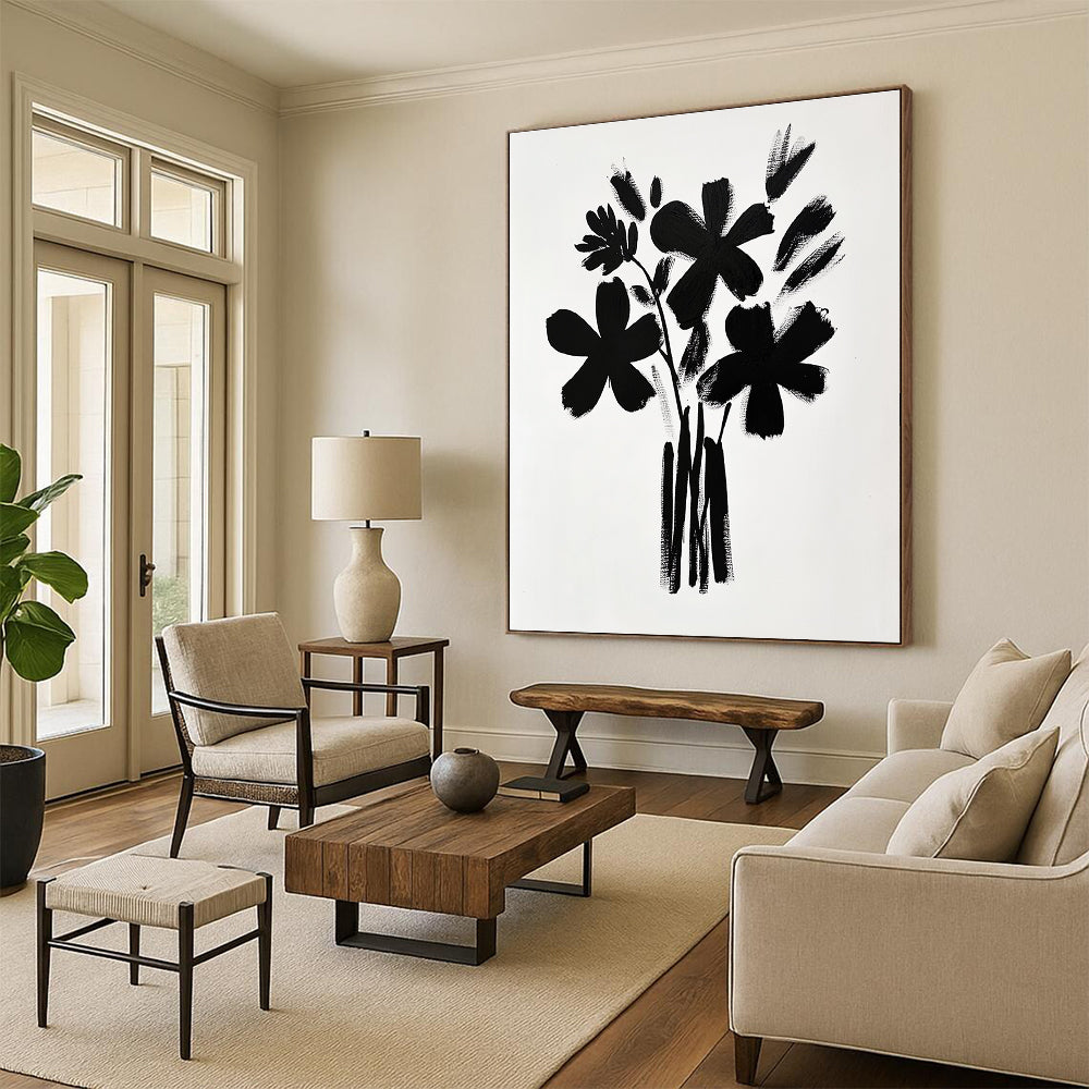 A large abstract painting featuring a bouquet of flowers in black brush strokes on white paper inspired by Matisse and Hockney's minimalistic styles.STSC925