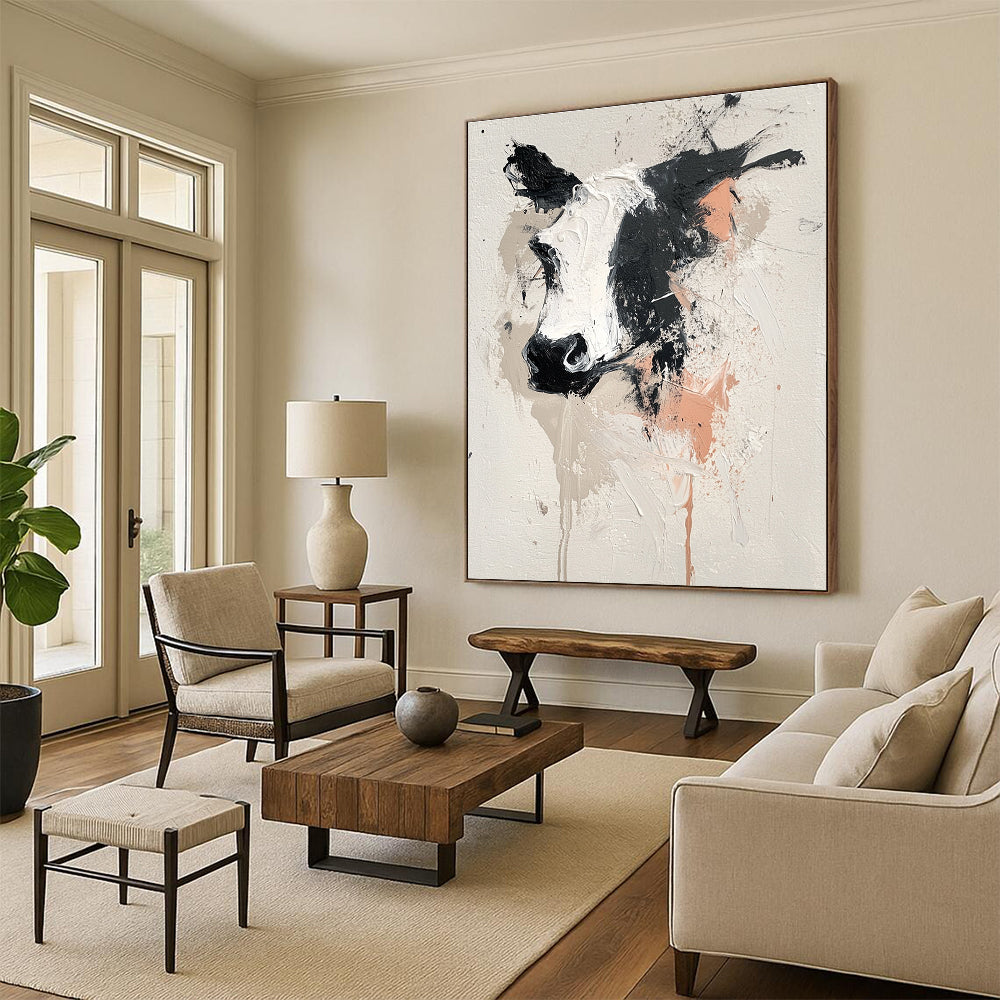 Large abstract painting featuring an animal design on white background with gray black pink and beige hues and expressive thick brush strokes.STSC048