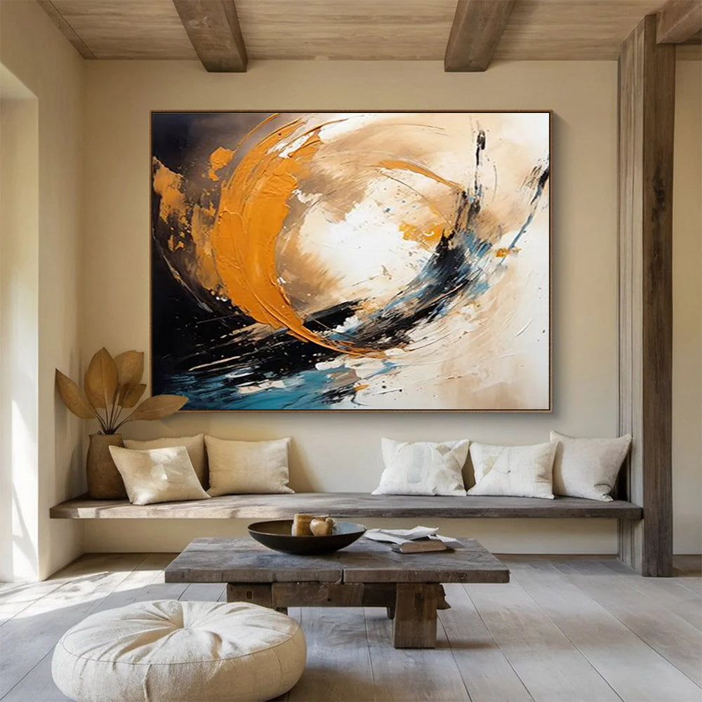 Orange Black and Blue Dynamic Swirl Abstract Painting THY097