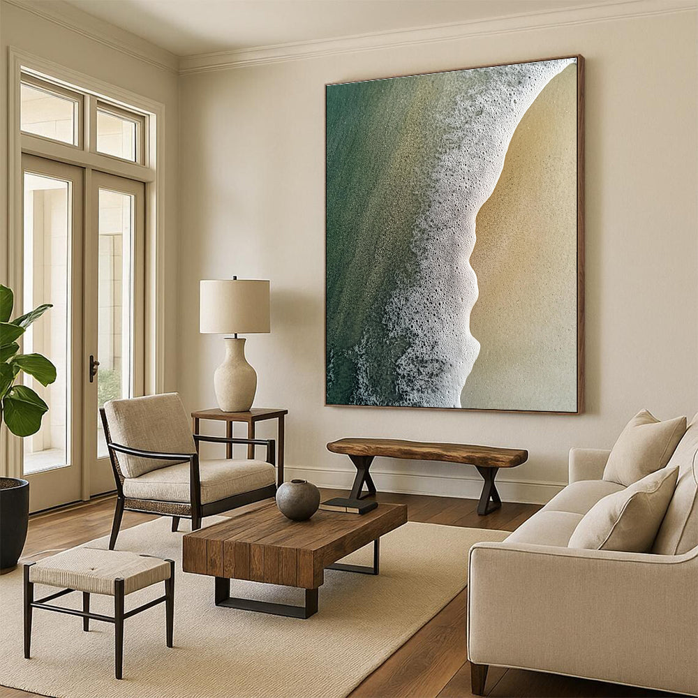 Large abstract painting capturing the meeting of sand and water with intricate pastel patterns and soft mist rising from the sea.STSC1410