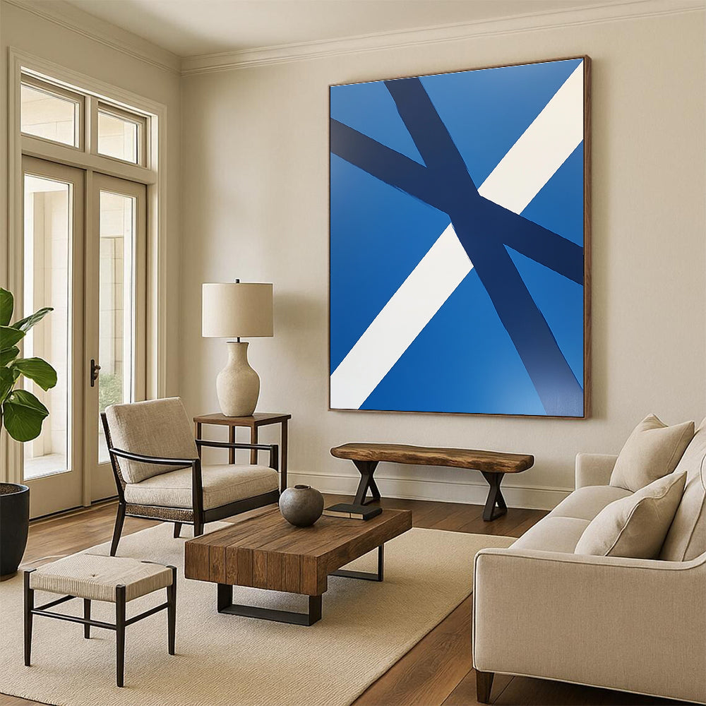 Blue and White Crossed Ribbons Abstract Painting with Clean Lines GER023