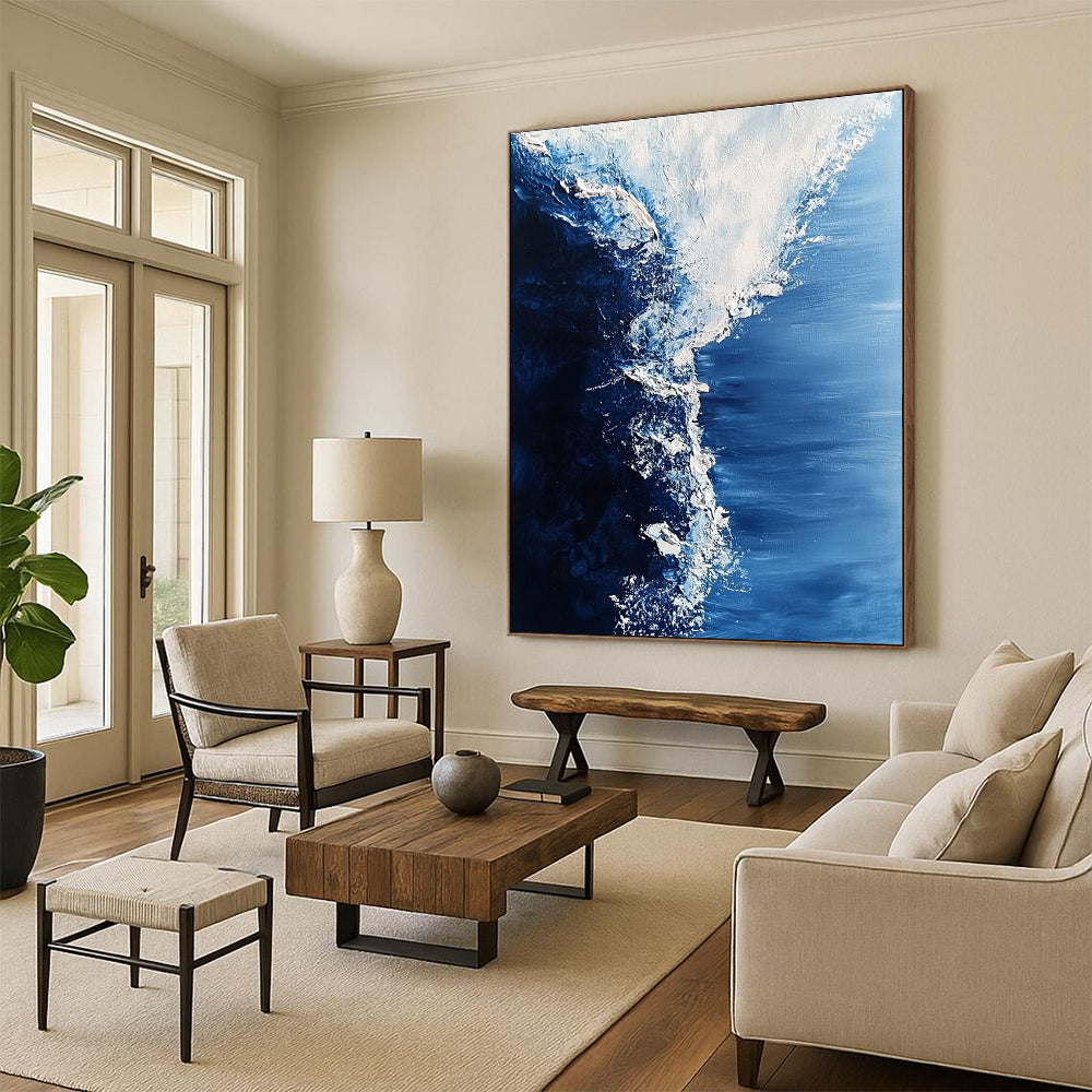 Large abstract painting of swirling Arctic sea in white and blue tones features visible brush strokes and snow crystal details for a hyper-realistic effect.STSC348