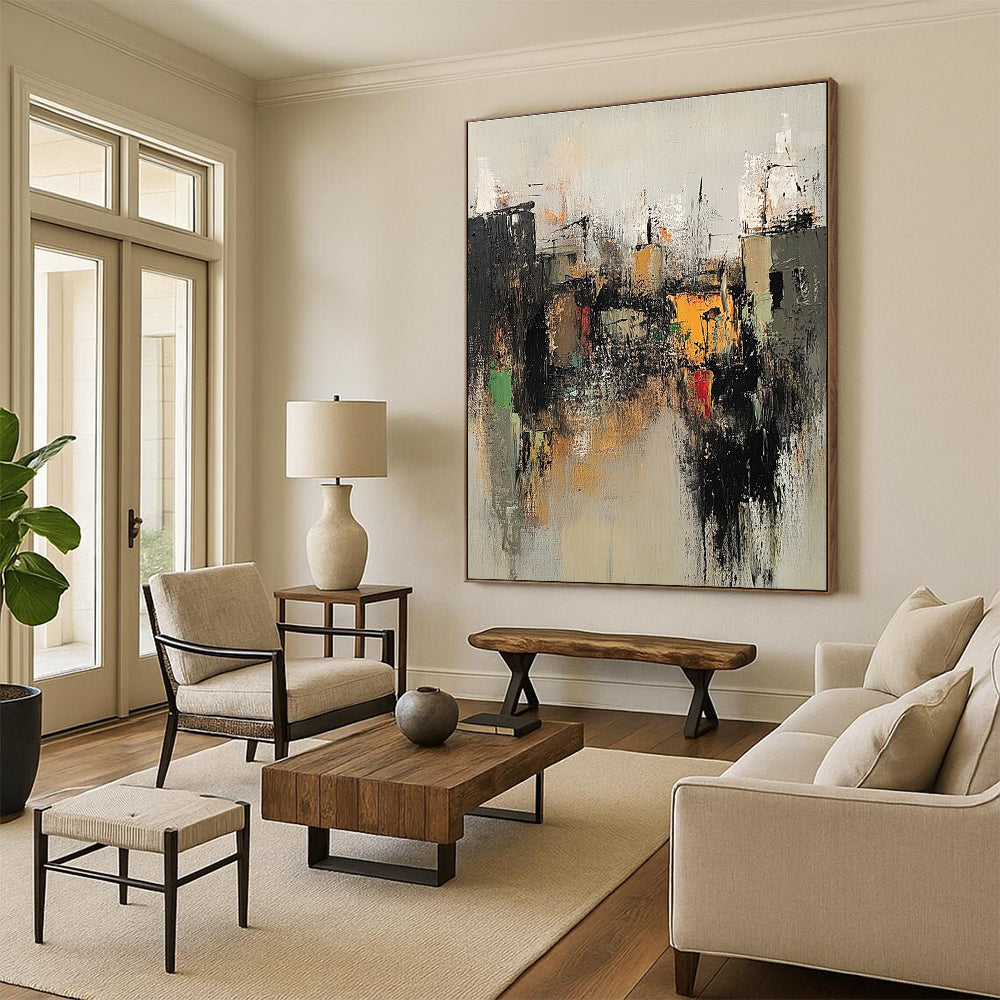 Large abstract painting of an old village with neutral tones dark gray light orange accents evoking nostalgia for vintage rural life.STSC660